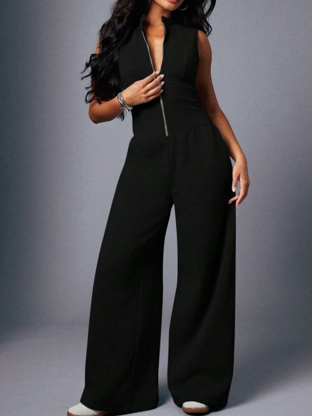 Black Casual Women's Sexy Zip Through Sleeveless Heather Sweatshirt Jumpsuit